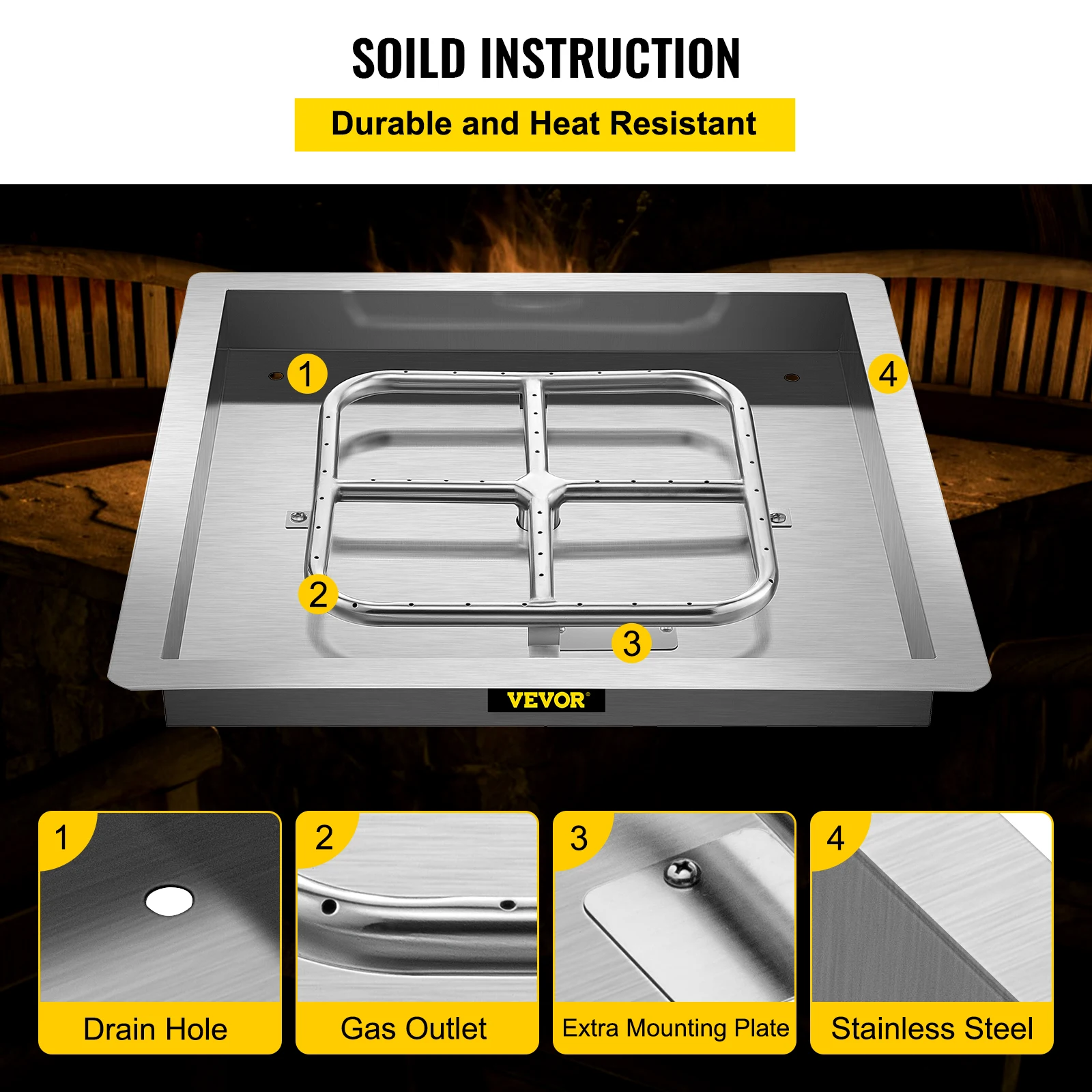 VEVOR Drop in Fire Pit Pan 18" x 18" Square Fire Pit Burner Stainless Steel Gas Pan with 1 Pack Volcanic Rock