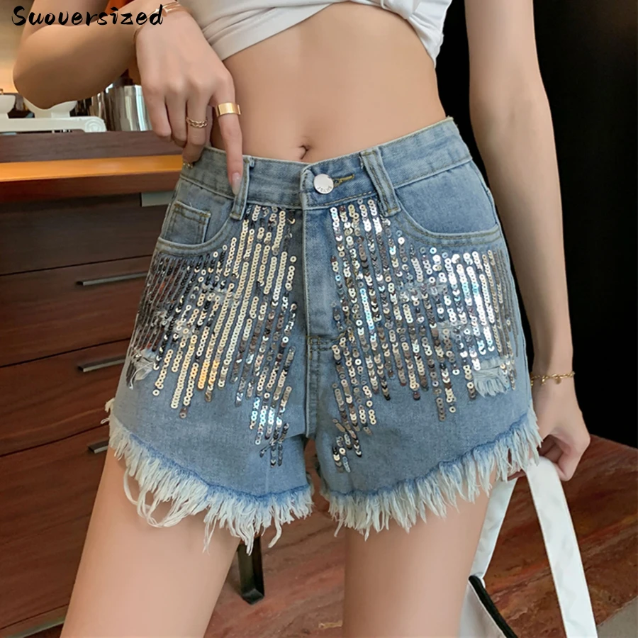 

Джинсовые шорты с блестками, шикарные модные женские джинсовые короткие штаны с завышенной талией, облегающие синие брюки с широкими штанинами, на лето