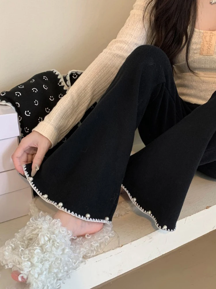 

Женские черные жемчужные пэчворк с высокой талией Элегантные расклешенные брюки весна-осень корейская мода облегающие укороченные брюки Pantalones