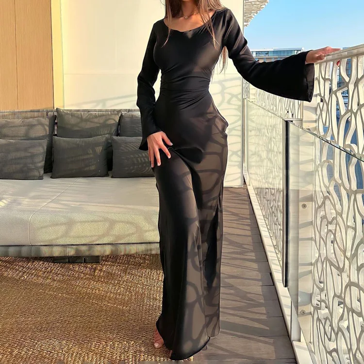 

2024 New Black Tie Fit Satin Long Autumn Women's Flare Sleeves Wrapped Hip Dress