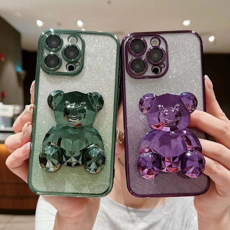 

Diamond Bear Stand Soft Case, Electroplated, Gradient, Glitter, Suitable for iPhone 15Pro Max, 14Plus, 13Pro, 12, 11, X, 8, 7