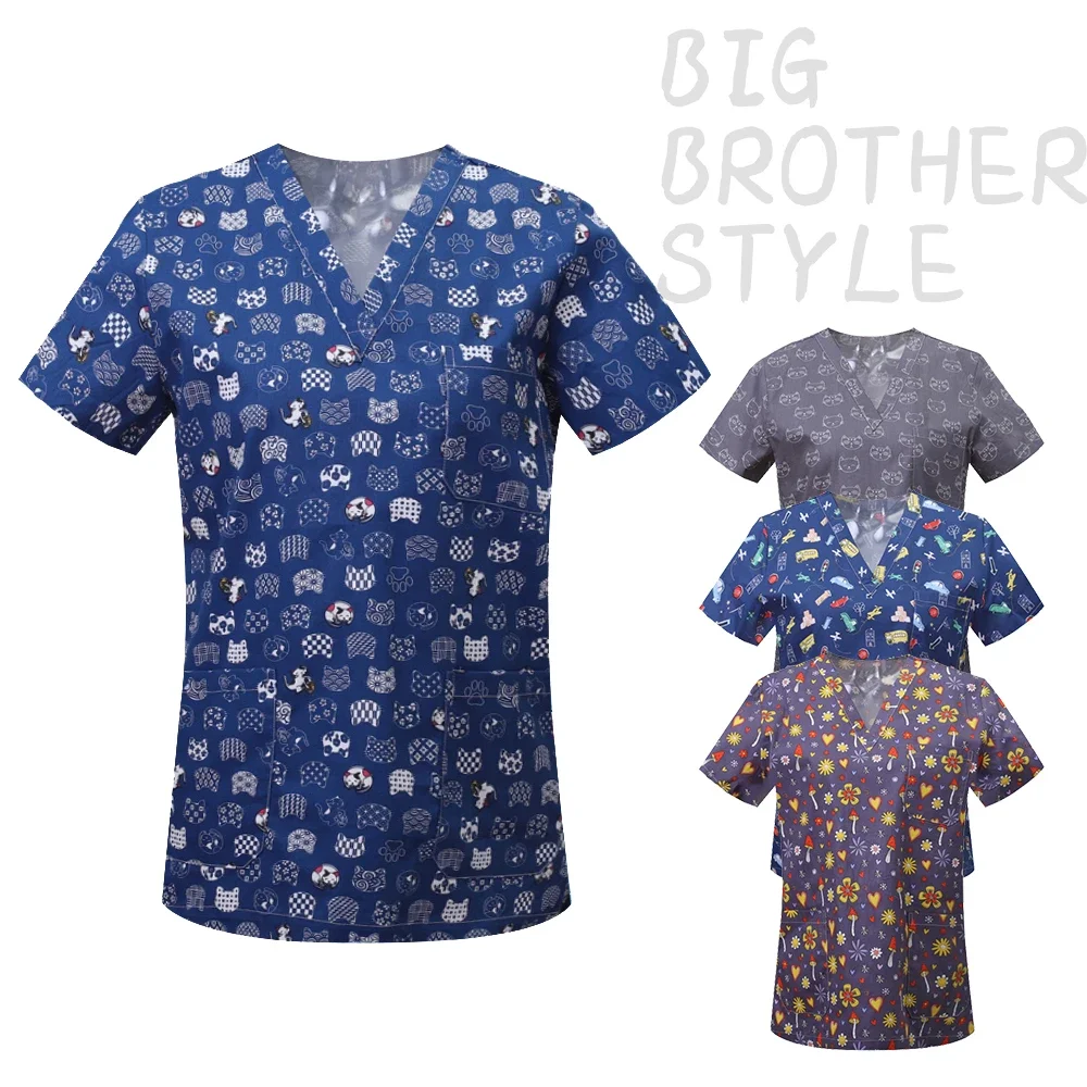 Medical Scrubs Cotton Cartoon Print Nurse Uniform Laboratory Pet Shop Overalls Tops