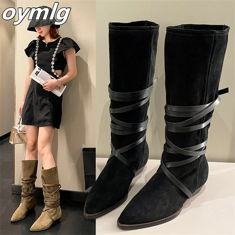 

Cavalier boots women's 2022 new retro strappy western cowboy boots pointed toe low-heeled high tube but knee-high suede boots