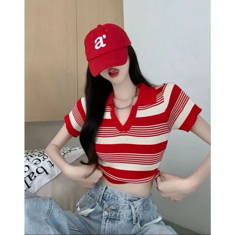 

Vintage Striped Short Sleeves T-Shirt for Women Knitted Polo Hot Girl Slim Crop Top Y2k Aesthetic Clothes Summer Casual