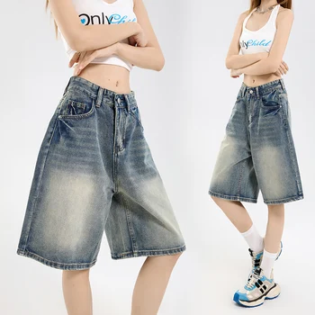 2026 Korean Street Casual Y2K Loose Wide-leg Denim Shorts Five-point Baggy Jeans Women's All-match Straight Summer Hot Shorts 1