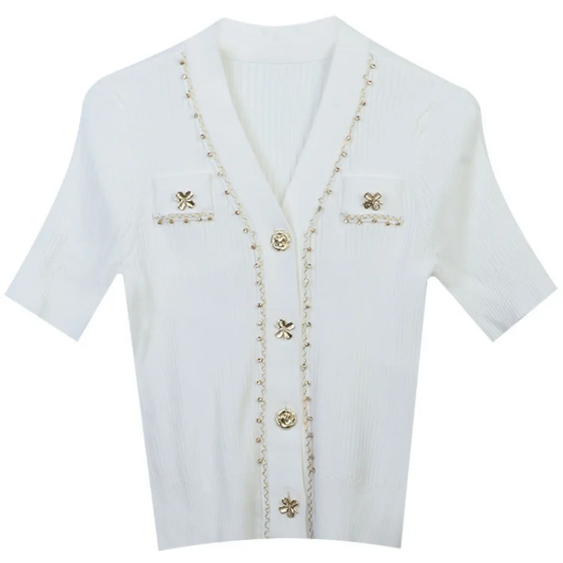 

White 2023 Summer Cardigan Women Contrast Striped Gold Thread Beaded V-neck Short-sleeved Sweater Tops Laides Thin Knitted Shirt