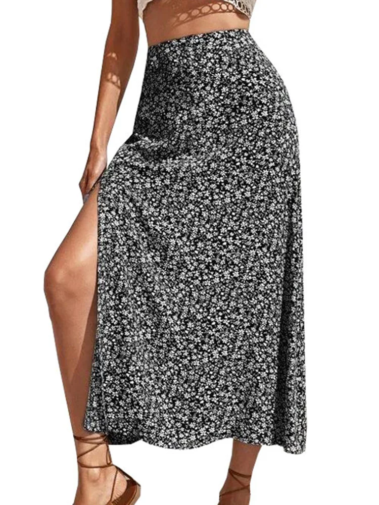 A-lijn lange elastische bodycon rok hoge split polyester vintage dames dames dames zomer print mode