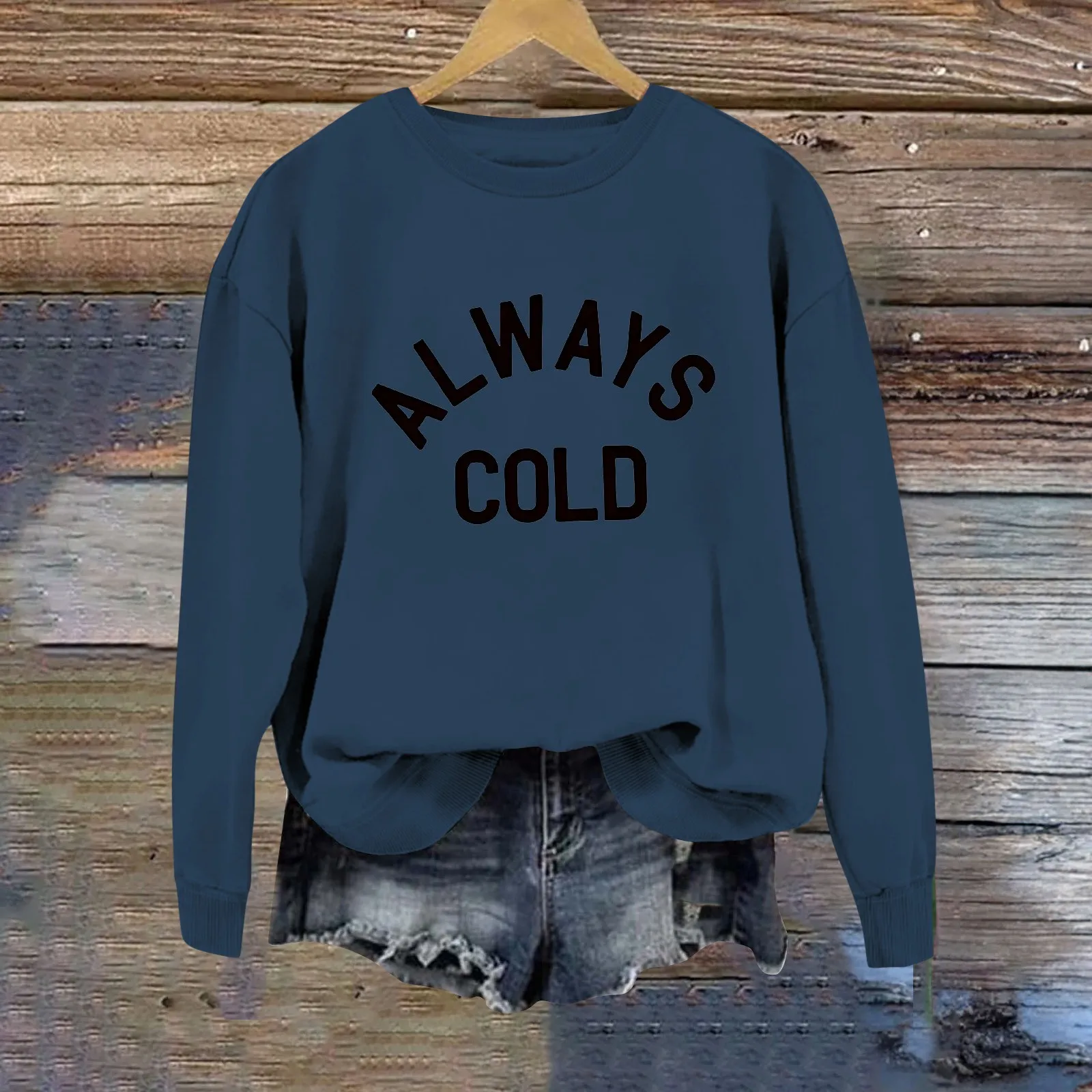 Women's ALWAYS COLD Letter Casual Loose Round Neck Long Sleeve Hoodless Sweatshirt Crop Sweater Women Jacket Active Wear Women