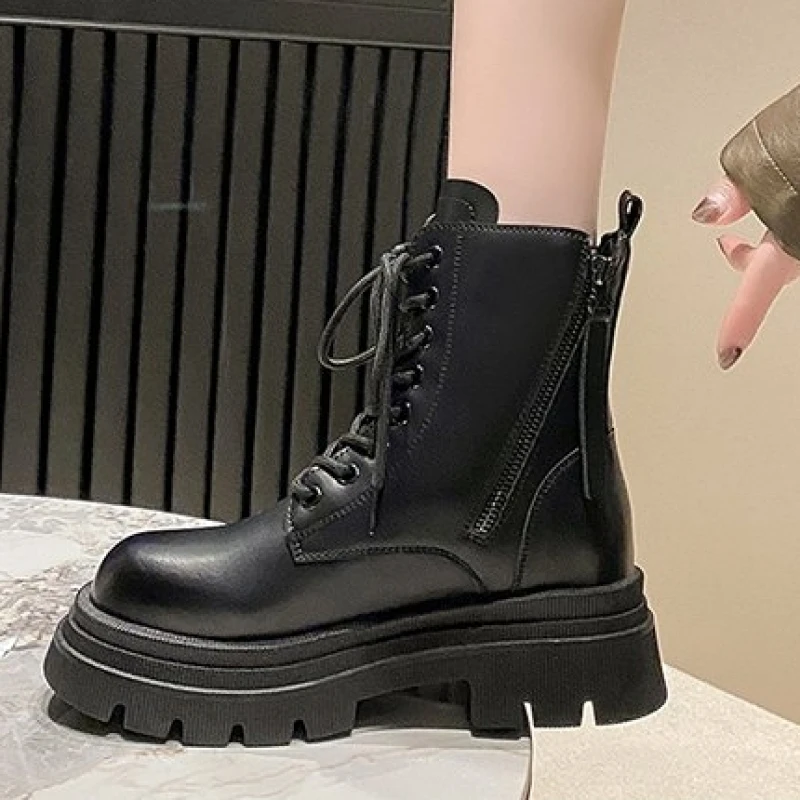 Women Boots Thick Heel Zipper Snow Boots Female Plush Keep Warm Leather Mid Calf Boots Non Slip Platform Boots for Woman Fashion