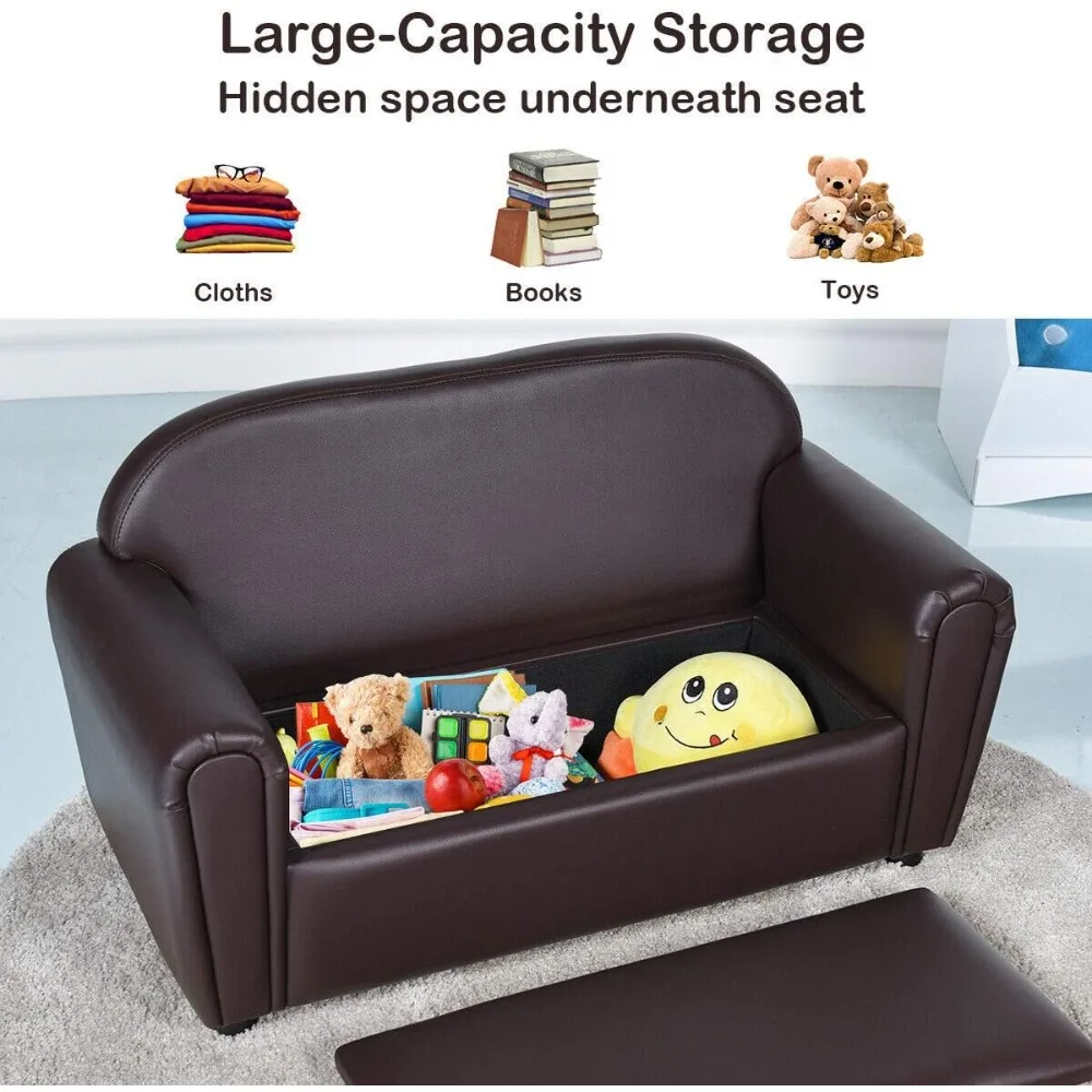 Kids Couch, Double Seat Children's Sofa w/Under Seat Storage, Toddler Armrest Chair, Kids Room, Soft Kids Sofa with Storage 2