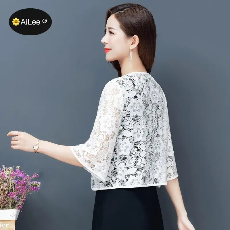 

Oversize 5XL Fashion Summer Thin Lace Shirt Women's Sunscreen Chiffon Blouse Short Sleeve Hollow Out Cardigan Party Office Tops