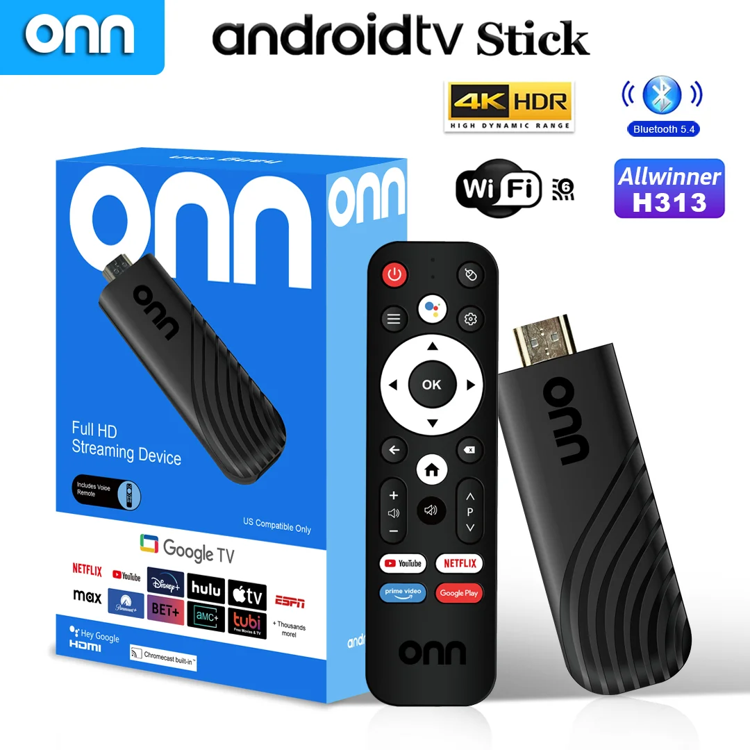 Clé TV ONN Android 13.0, processeur Allwinner H313 Quad Core, 8 Go de RAM, 128 Go de ROM, double bande 2,4 GHz et 5 GHz, BT5, 4K, commande vocale, 10/100 Mbps 1