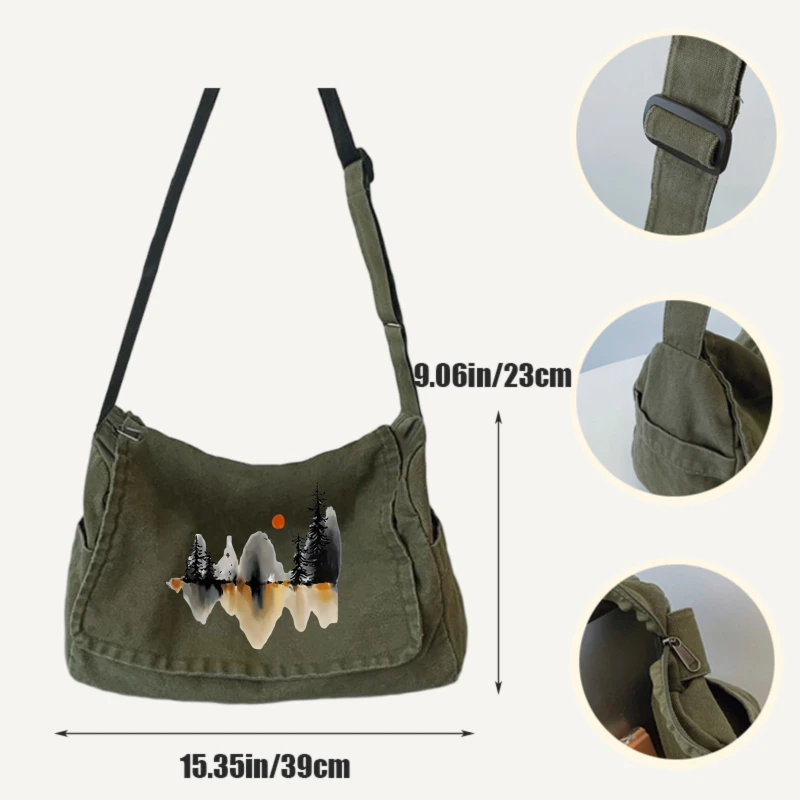Women's Shoulder Bag Canvas Mountain Print Large Capacity Crossbody Bag for Daily Travel Messenger Bag