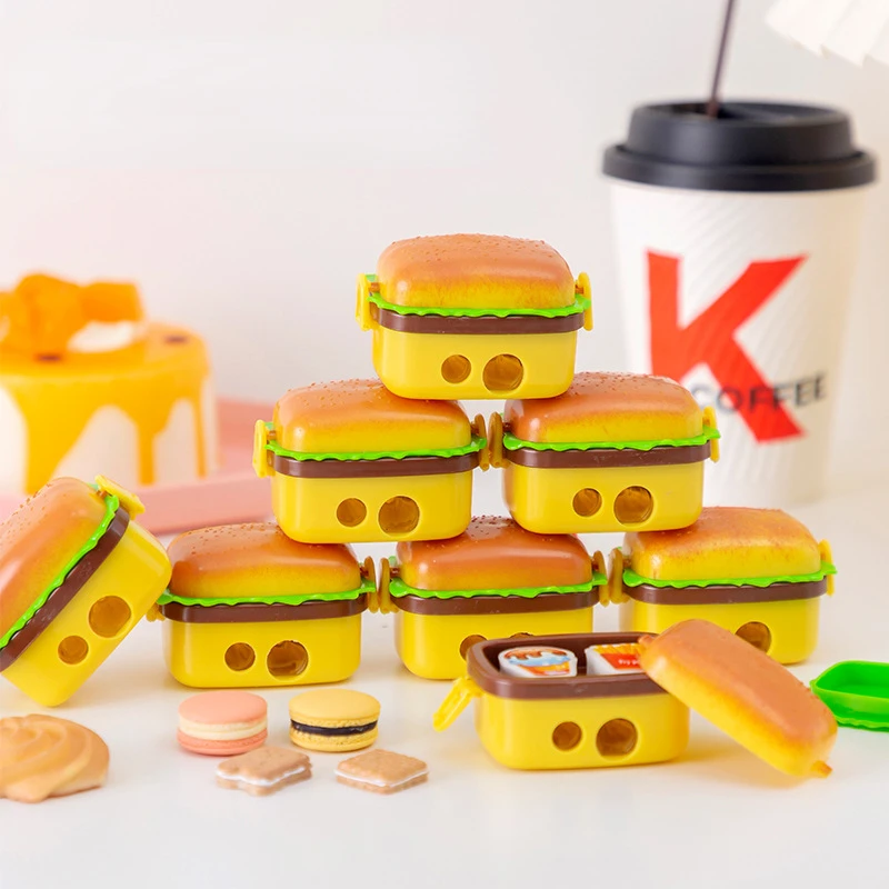 

1Pcs Simulation Hamburger Pencil Sharpener with Eraser Double Holes Standard Pencil Cutting Machine Kindergarten Gift Stationery
