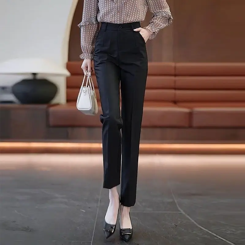 2024 Spring Summer New Minimalist Commute Women's High-waisted Button Solid Color Straight Versatile Work Wear Harlan Suit Pants