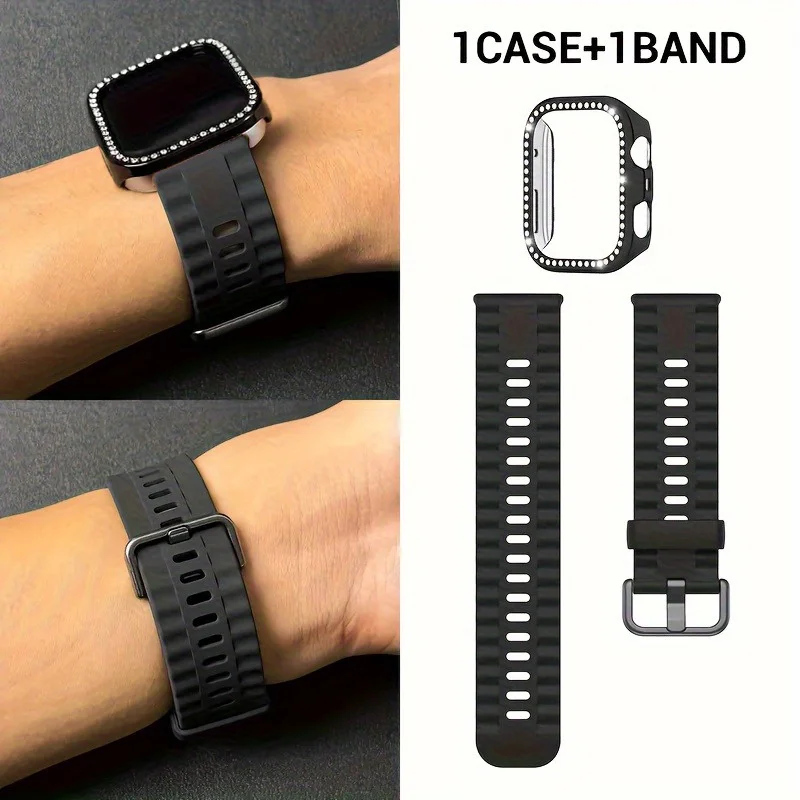 Rhinestone-Studded Soft Watch Band with Protective PC Case - Elegant Strap and Cover Set