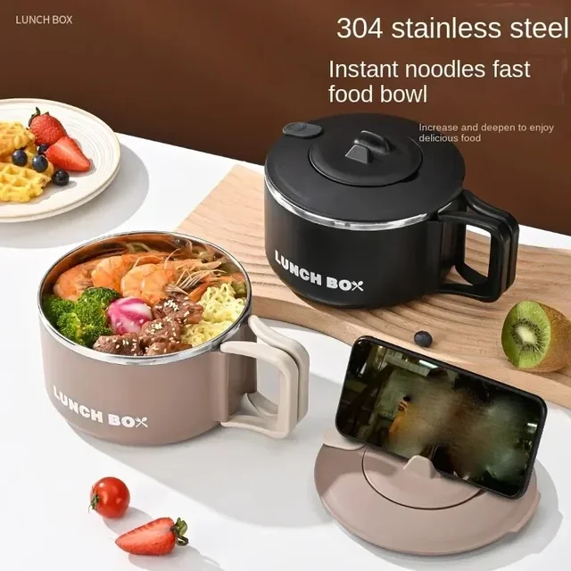 Boîte à déjeuner bol Ramen en acier inoxydable 304 avec couvercle, salade de fruits, riz, grande capacité, nouilles instantanées, bol à soupe, vaisselle de cuisine 3