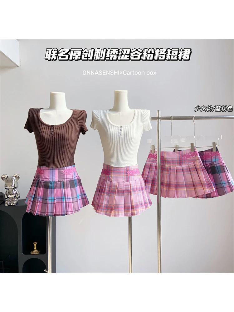 

Women Japanese Fashion Pink Mini Plaid Pleated Skirt Cute Core Preppy Grunge Cyber Punk 2000s Aesthetic Gyaru E-girl Y2k Skirts