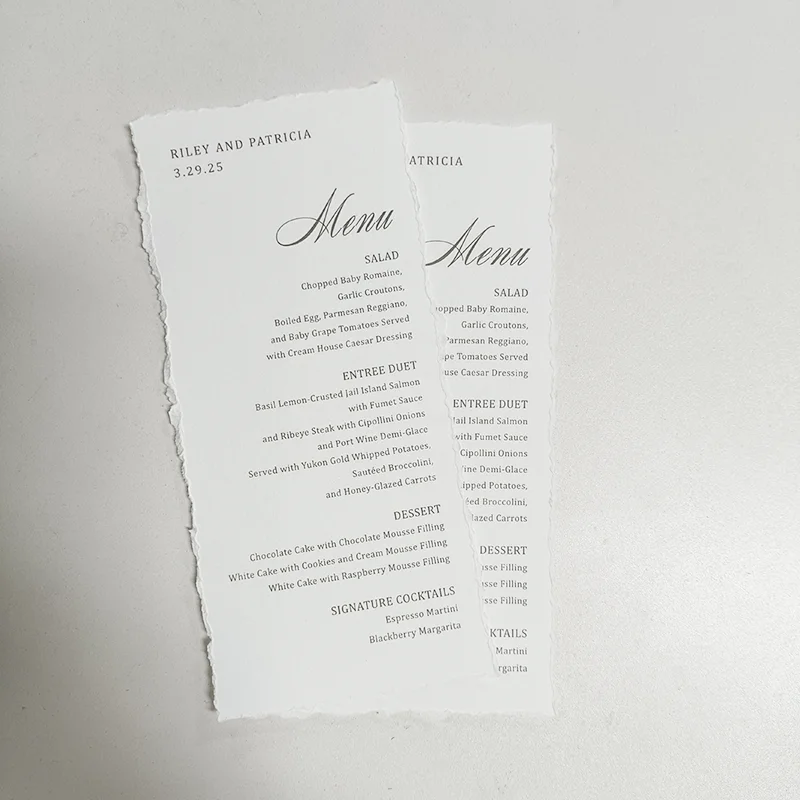 Wedding menu Event Party Annual Meeting Greeting Plate Card Process Card 50 copies Hand torn card Irregular edges