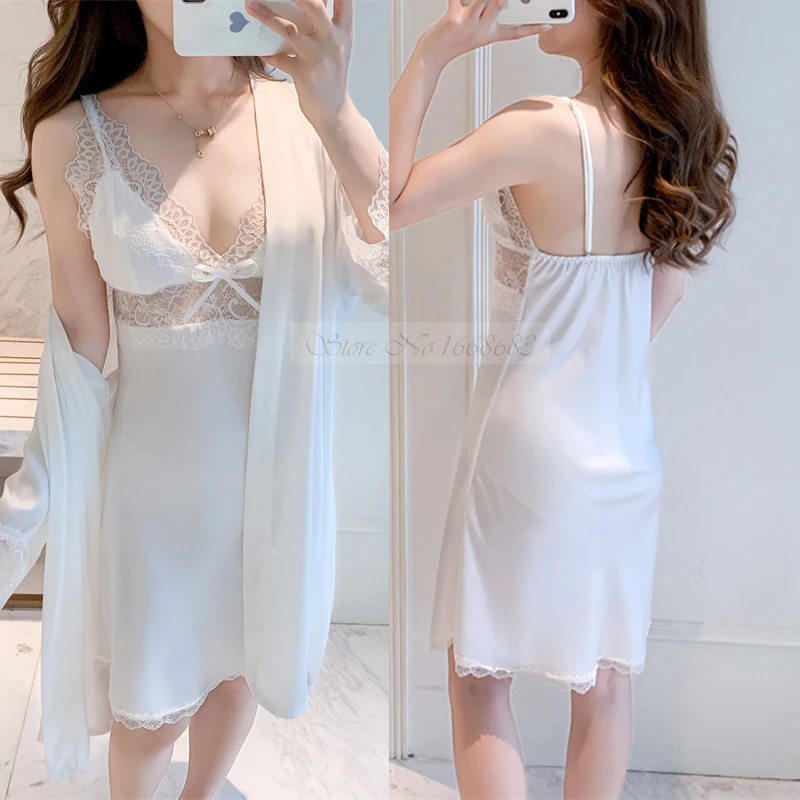 

Sexy Patchwork Lace Women Kimono Bathrobe Nightgown Suit Casual Satin Lounge Wear Home Dress New Spring Summer Twinset Robe Set