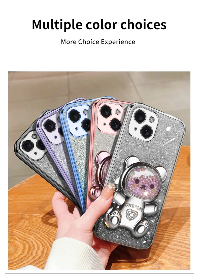 Coque de téléphone avec support à paillettes, ours mouvant, étui pour iPhone 15 14 12 13 11 Pro Mini 13pro X Xr Xs Max 7 8 6 Plus_voghion.com