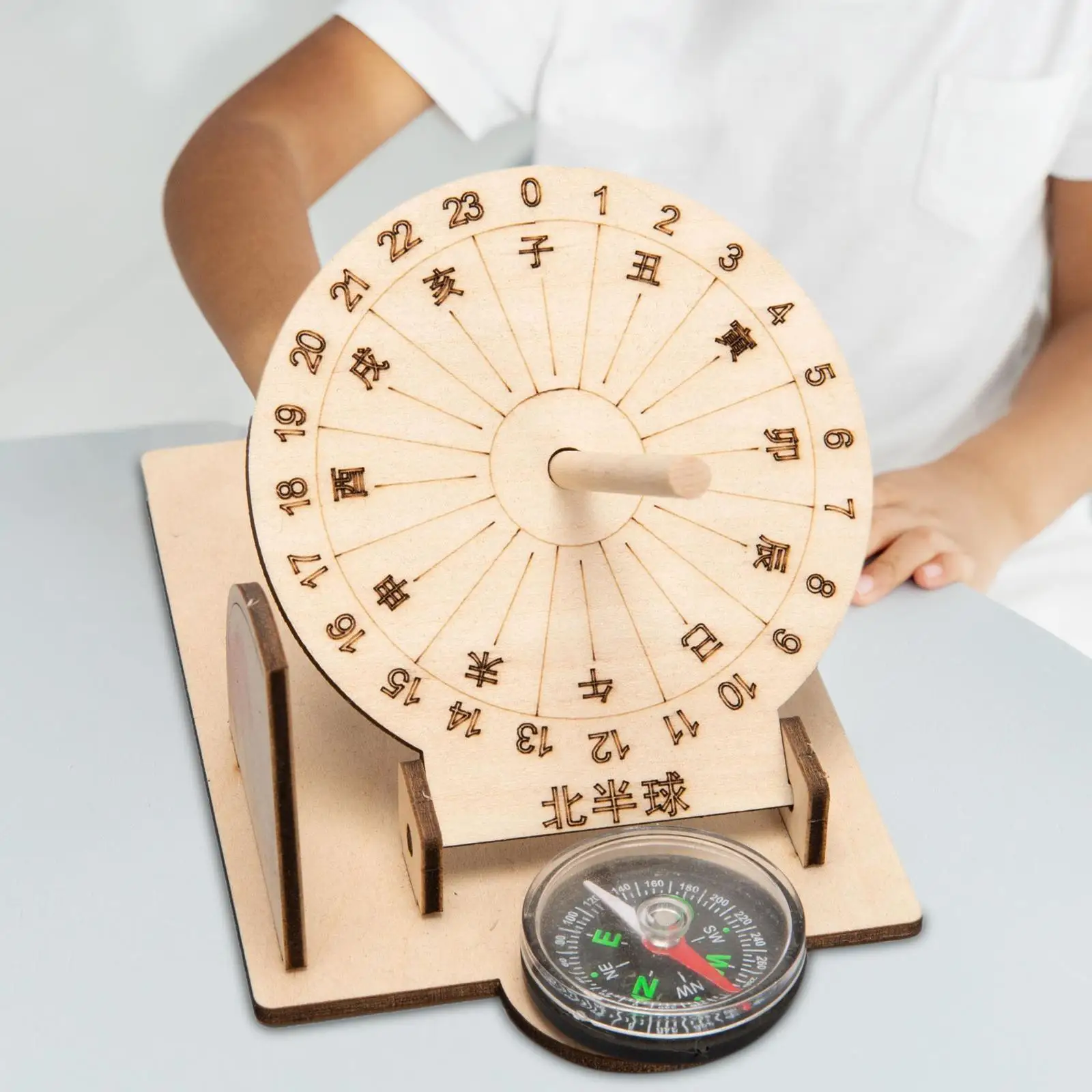 Sundial Model Wooden Educational Toy Equatorial Sundial Clock for Outdoor Children