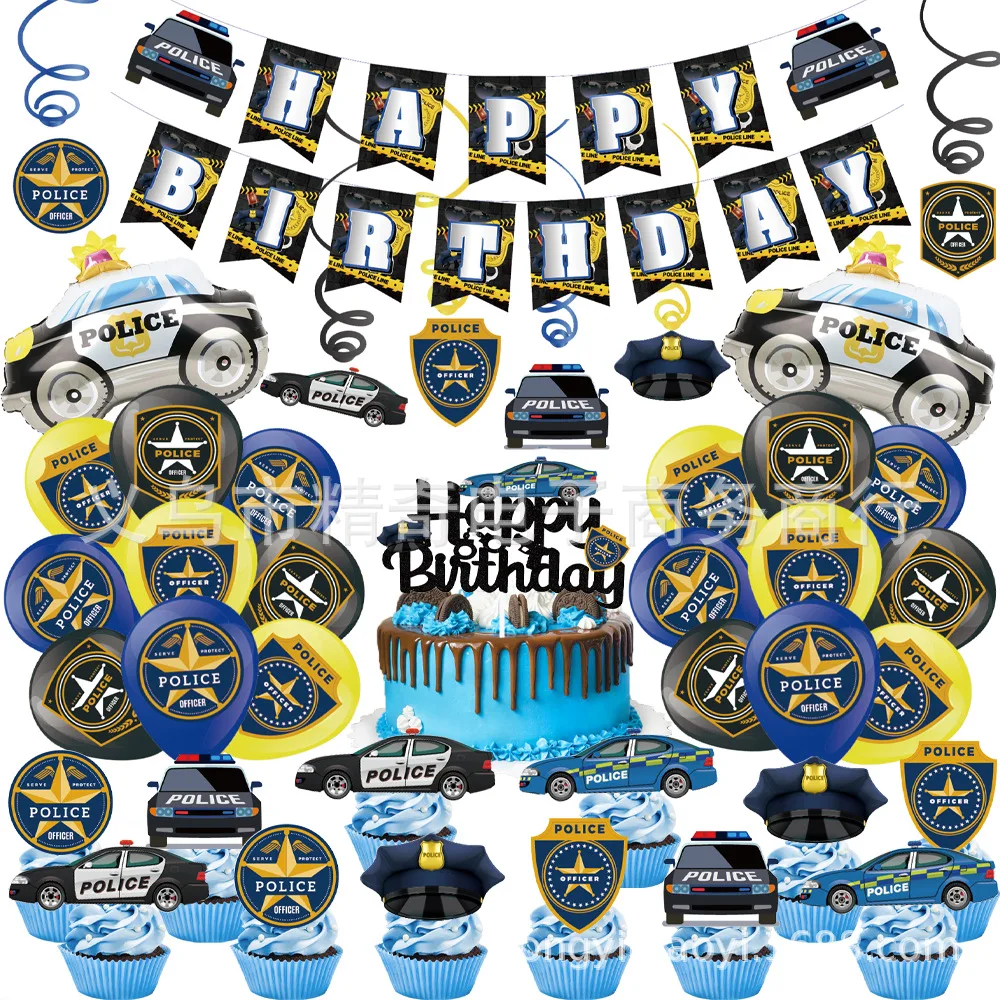 

Baby Boy Police Theme Happy Birthday Party Decoration Kit car Party Swirls Latex Balloon Banner Background Decoration Supplier
