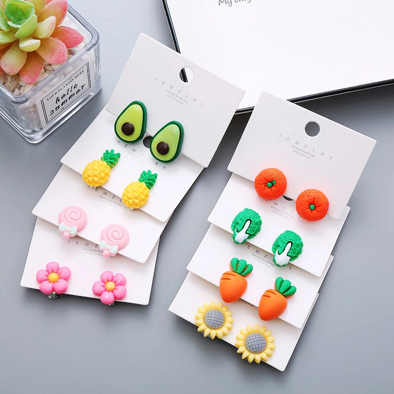Children's Resin Ear Clips Cute Vegetable Flower Shape Girls' Ear Clips Pain-Proof and No Punching Korean Version Earclips