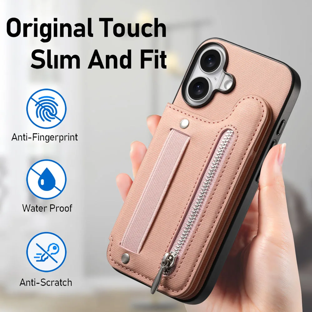 Zipper Cards Solt Wallet Leather Case for iPhone 17 16 15 13 Pro Max 14 Plus 16Pro 15Pro Elastic Rope Wrist Leather Cover