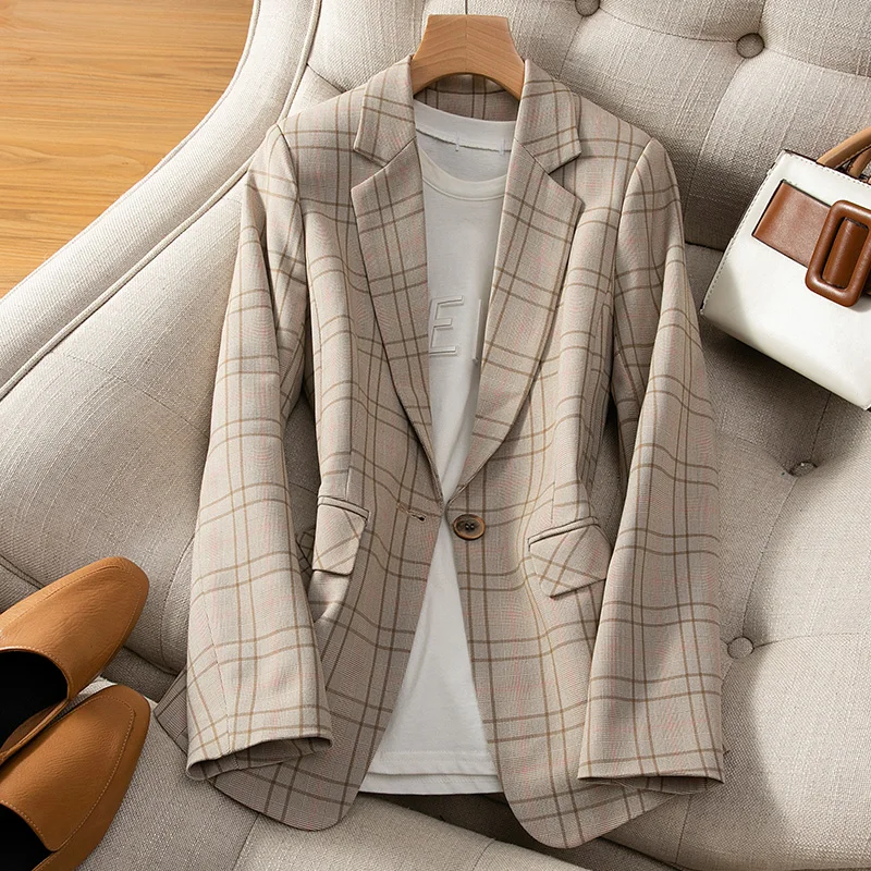 

Plaid Slim Blazers for Women 2023 New Fashion Office Ladies Turn Down Collar Coats Vintage Long Sleeve Single Button Jacket