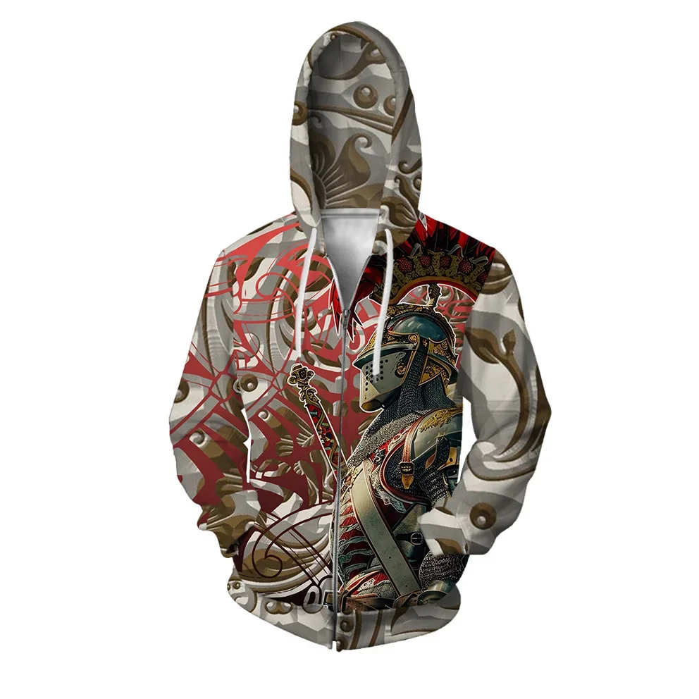 thumbnail image 1 of Sudadera con capucha y cremallera para hombre, sudadera holgada e informal con estampado de armadura de guerrero, sudadera con capucha y cremallera, ropa de calle Harajuku, 1 of 5