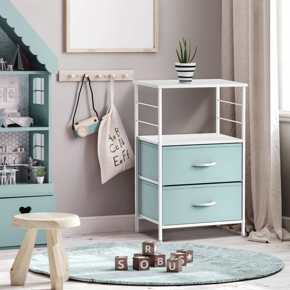 2 Drawer Shelf Storage Nightstand-Kids Bedside Furniture End Table Night Stand with Steel Frame Wood Top