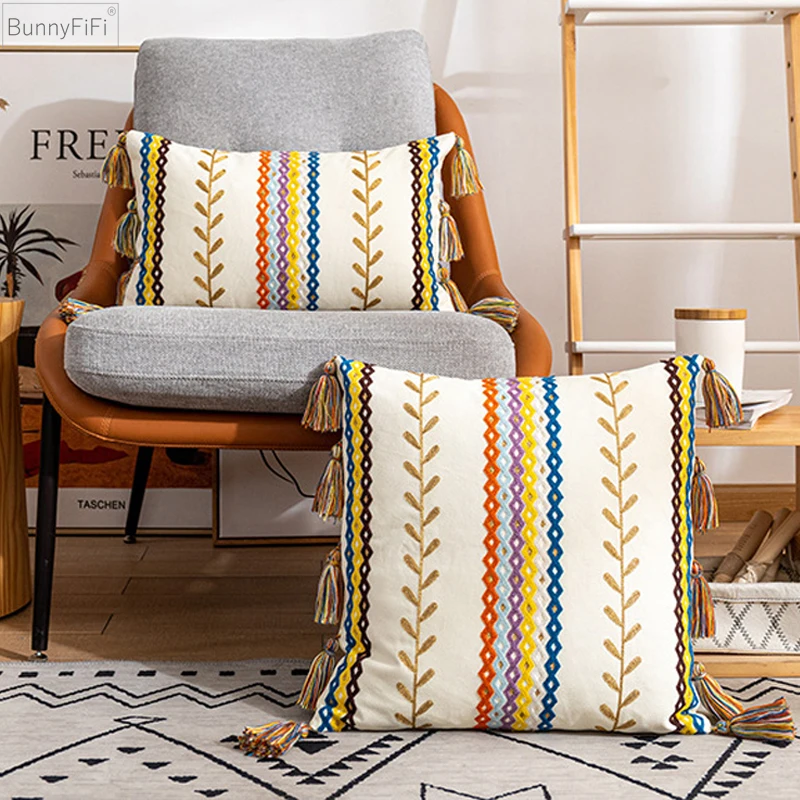 

Style Home 45x45/30x50cm Decor Gold Cushion Boho Cover Black Ivory Embroidered Cotton Pillow Cover For Living Room Sofa Chair