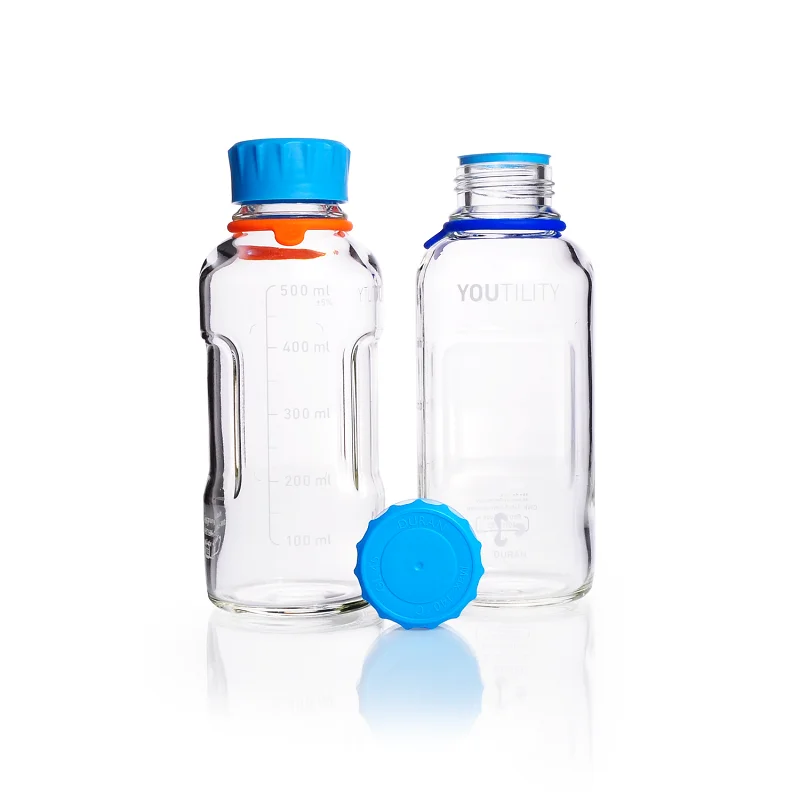 DURAN&reg; YOUTILITY&reg; GL 45 Laboratory Bottle (clear), with screw cap and pouring ring (PP, cyan), with DIN 168-1 thread, graduated