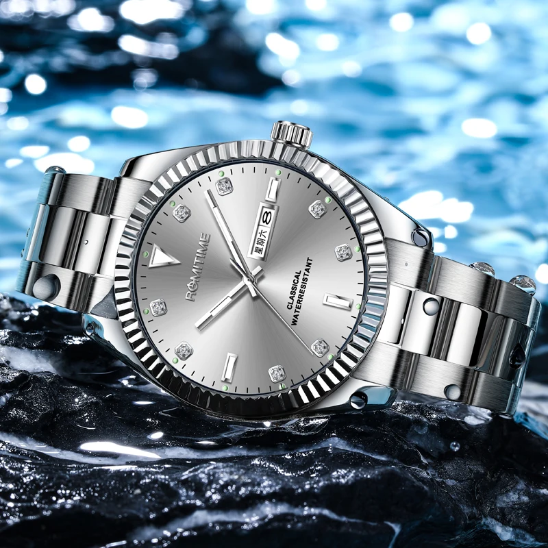 ROMITIME Original Brand Luxury Quartz Watches For Men Stainless Steel Calendar Diamond Dial Male Watch Luminous Waterproof