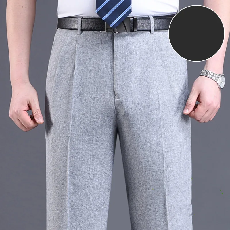 Double Pleated Suit Pants Men Black Brown Business Khaki Trousers for Loose Straight Classic Thin Summer