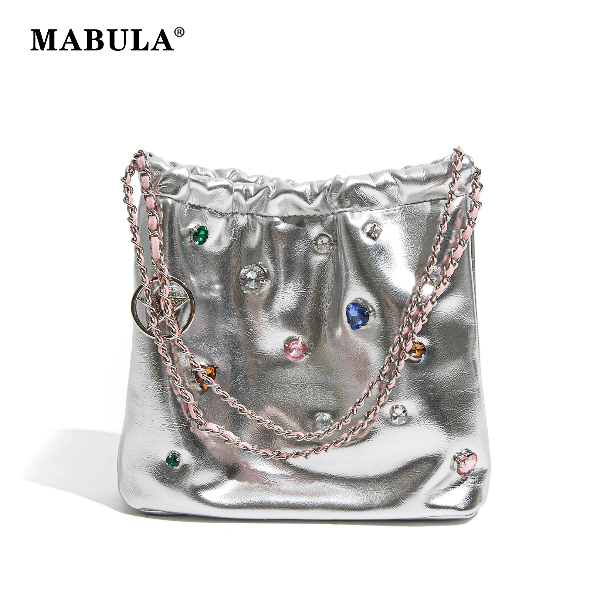 

MABULA Women Small Tote Bags PU Leather Casual Shoulder Bag With Diamonds Female Crossbody Bag Fashion Chain Handbags Purse