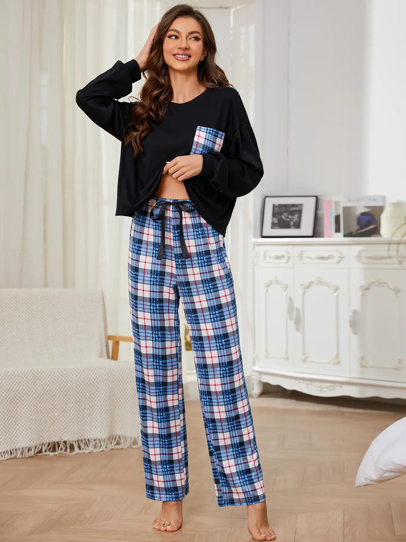 Pyjama Long Pour Femme Coton Pyjama à Manches Longues Pijamas Pour Femme 2 Pièces Col Rond Ensemble Pyjama Femme Imprimé Mignon Vêtement De Détente D' Intérieur Loisirs Automne Hiver