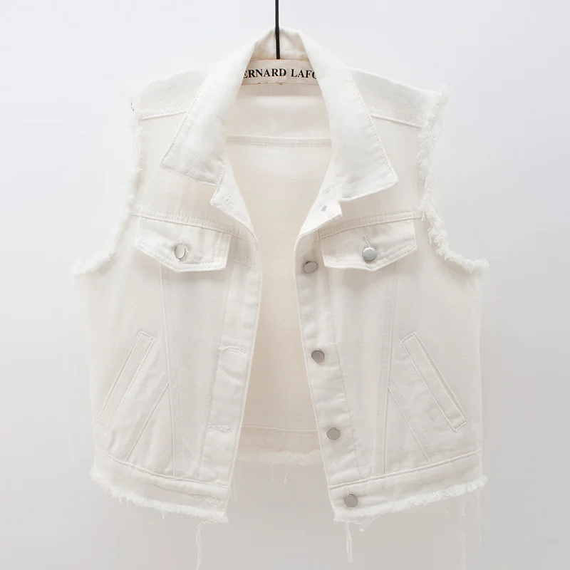 

Модный однотонный джинсовый жилет, женский жилет, летняя свободная короткая ковбойская куртка без рукавов с заусенцами, джинсовый жилет с большими карманами для женщин