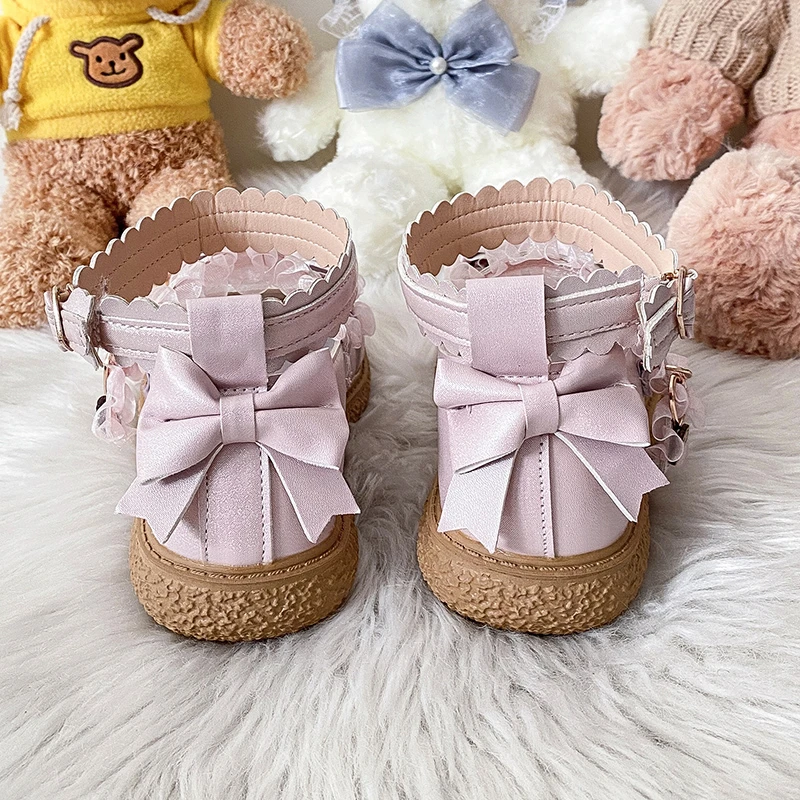 Women Shoes Patchwork Lace Mary Janes Shoes Women Pu Leather Lovely Bowtie Woman Platform Blue Pink Ankle Strap Lolita Shoes