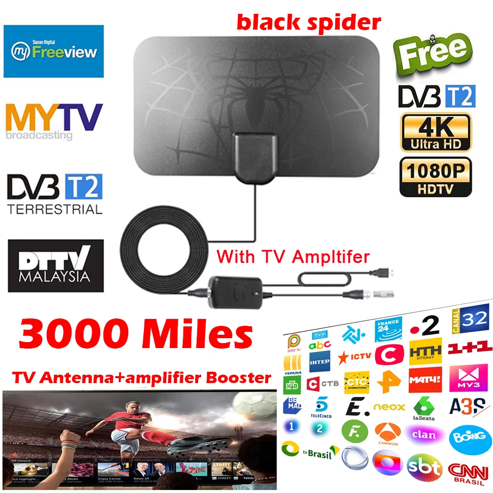 8K 3000 Mile DVB-T2 Spider digital TV Antenna with amplifier Booster 1080P Aerial FM For Car antenna tv box Indoor RV Travel indoor digital tv antenna