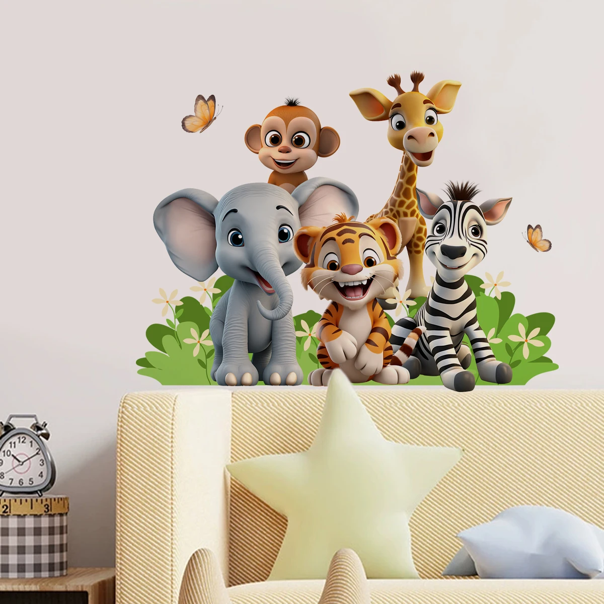 Cartoon Cute African Animals Elephant Lion Leaves Wall Stickers