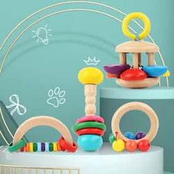 1pc Baby Soothing Toys Beech Wood Rattle Hand Bell Toy Newbron Montessori Educational Toys Mobile Rattle Wooden Ring Gift