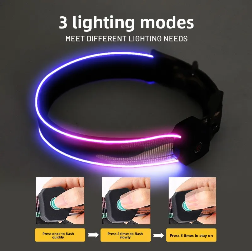 A glowing purple LED collar displayed against a dark background with an instructional graphic showing how to click the button for three different lighting modes.