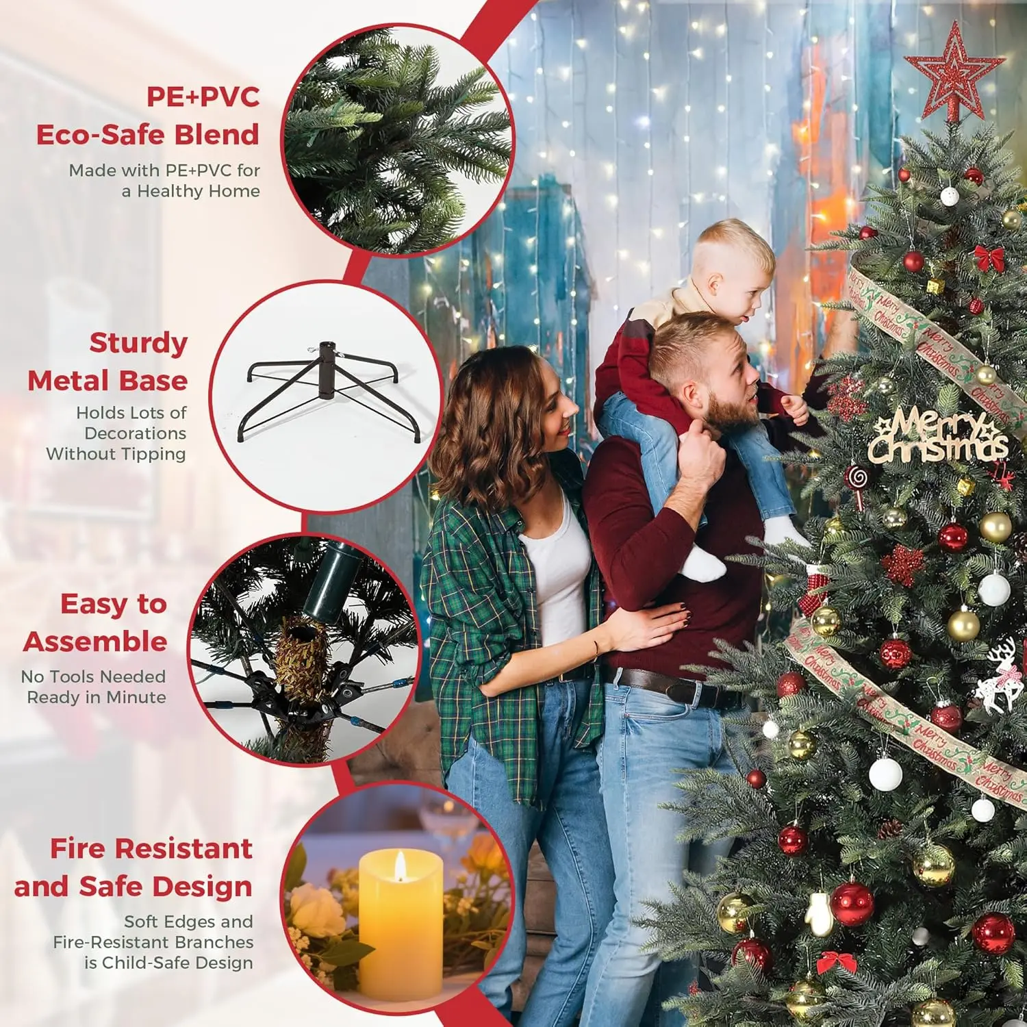 4.5/7.5/9 FT Artificial Pre-lit Christmas Tree Green PVC Christmas Tree With Warm White Lights For Home Office Xmas Party Decor