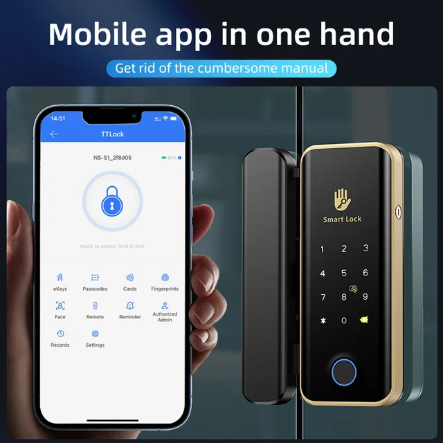 TTLock Face Recognition Lock Brass Color Smart Glass Door Lock Ttlock Lock Remote Controller with Camera for Office 6