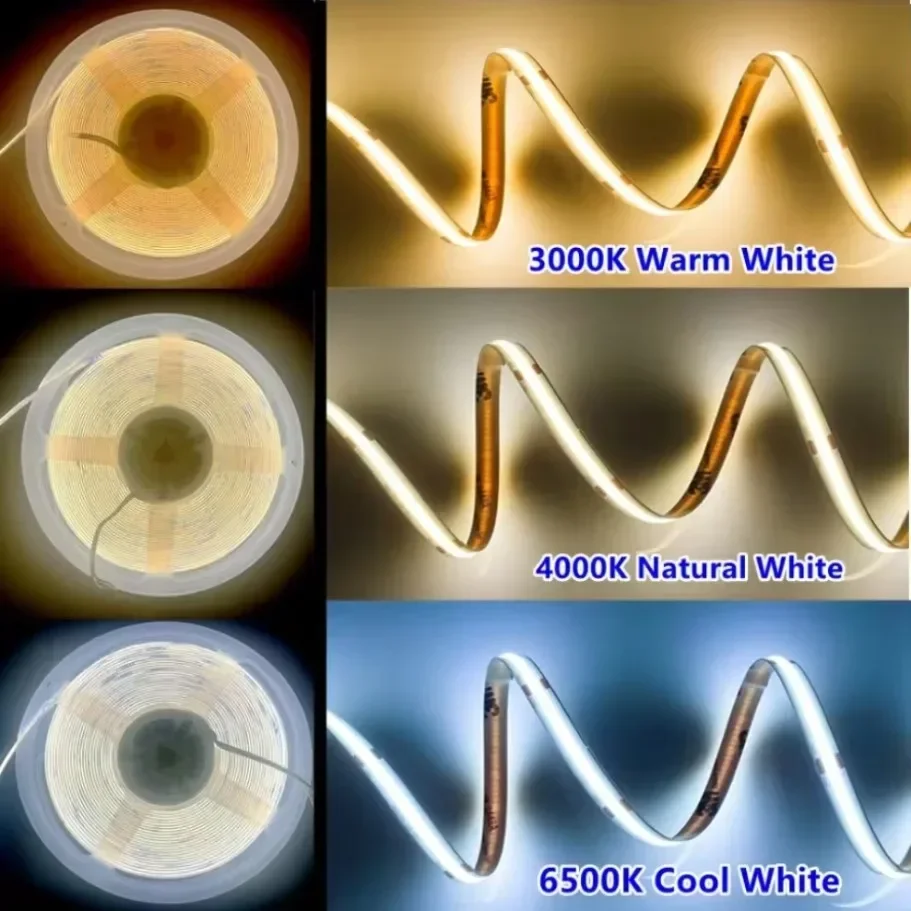 12V 24V COB LED 스트립 DC 플러그/2Pin 와이어 디밍이 가능한 선형 조명 고밀도 장식 램프와 울트라 얇은 8MM 테이프 빛