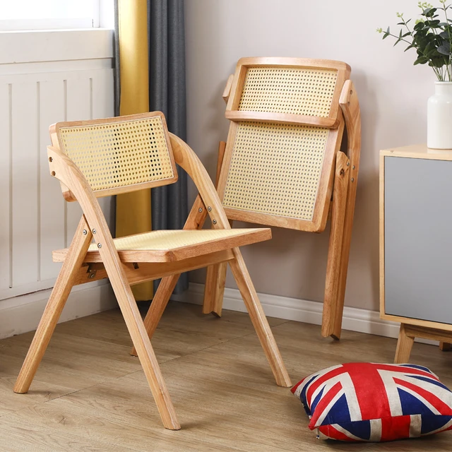 Sillas de comedor de madera maciza y Ratán, silla plegable retro