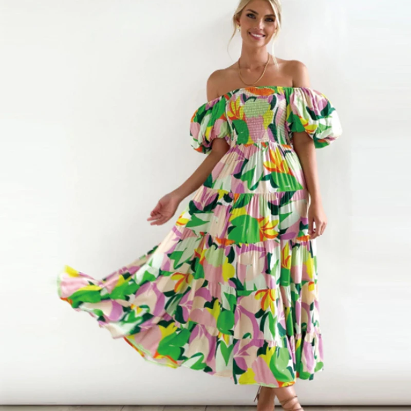 

Summer Women Floral Print Dresses Sexy Slash Neck Puff Sleeve Pleated Long Dress Fashion CasuaL High Waist Beach Style Vestidos