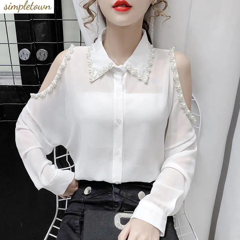 Spring and Autumn New Fashion Loose and Slim Off Shoulder Long Sleeved Heavy Industry Beaded Chiffon Shirt for Women new stage heavy industry dress bel canto solo vocal music art test pettiskirt off shoulder slimming plus size
